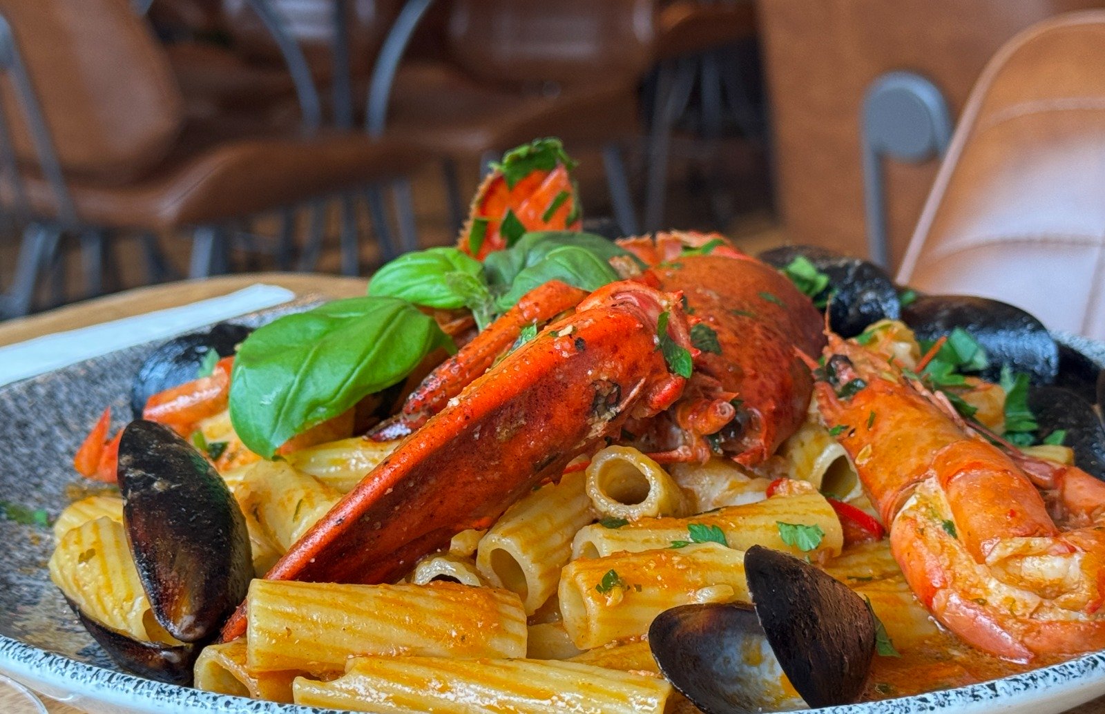 Fresh pizza brought to table with wine